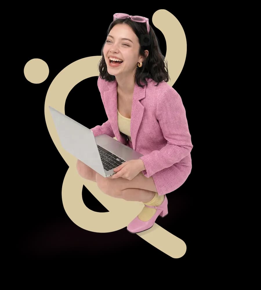 Woman laughing while holding a laptop, framed by a hand-drawn scribble